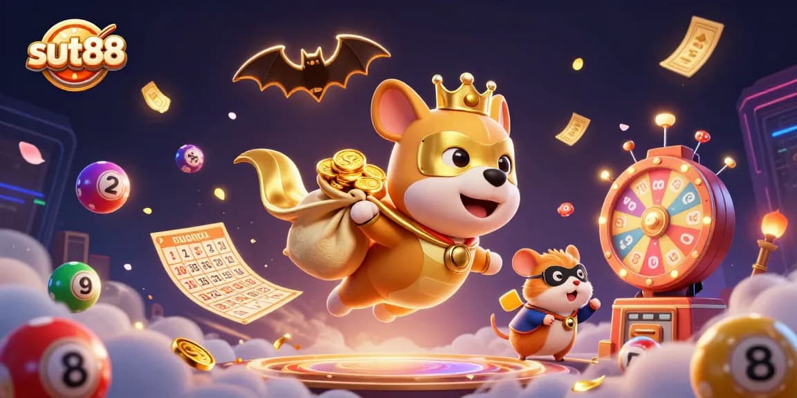 Sut88 casino illustration featuring a superhero dog and hamster amidst colorful lottery elements