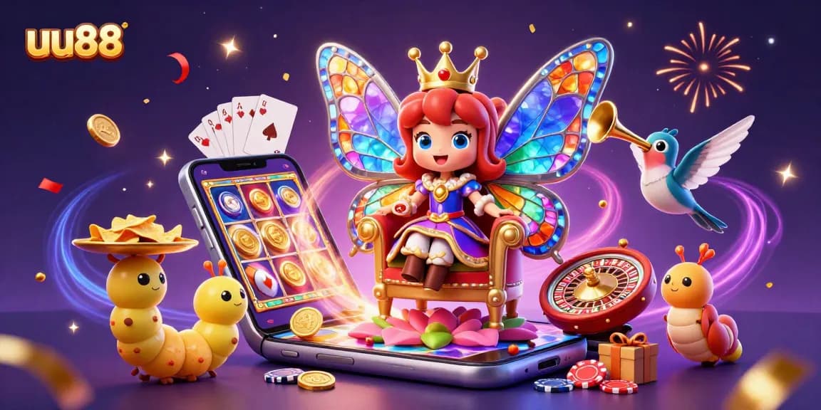 Win at uu88 with a vibrant 3D casino scene featuring the butterfly queen and jubilant game elements