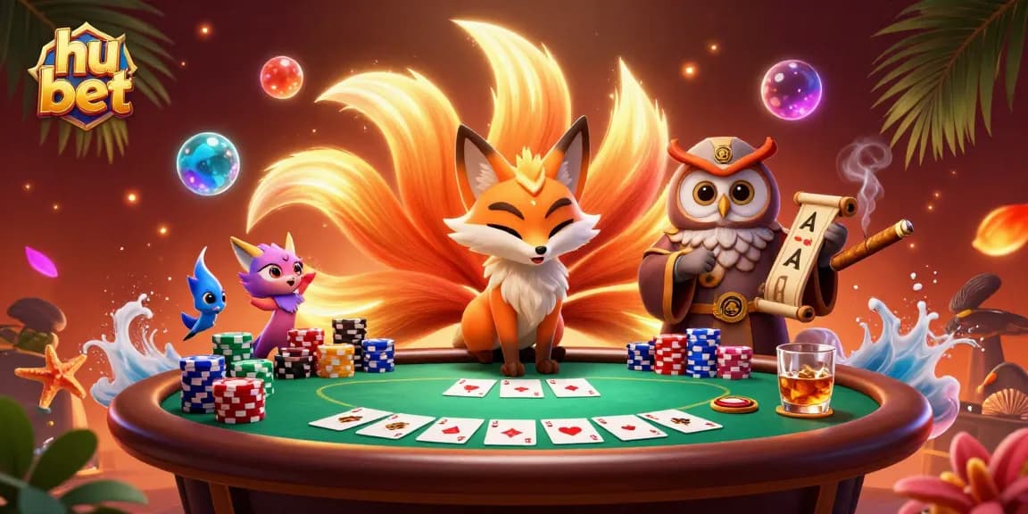 Engage with hu bet's thrilling online poker scene, showcasing vibrant characters and casino elements.