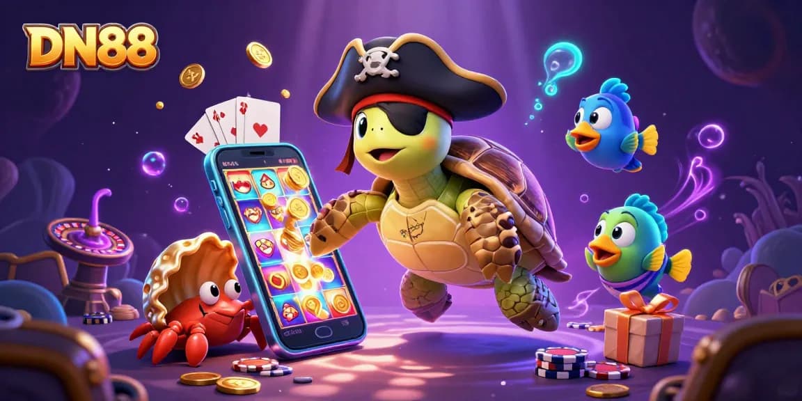 Engage with DN88 through exciting slot games and treasures in a colorful underwater casino scene.