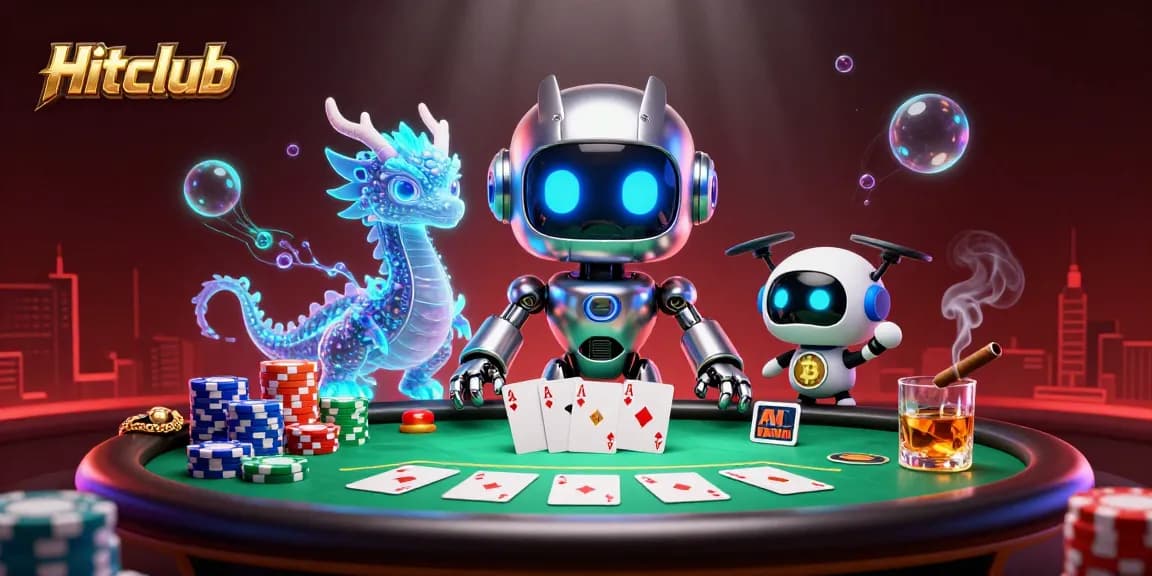 Hitclub players enjoy exciting poker hands with vibrant casino elements in a dynamic 3D scene.
