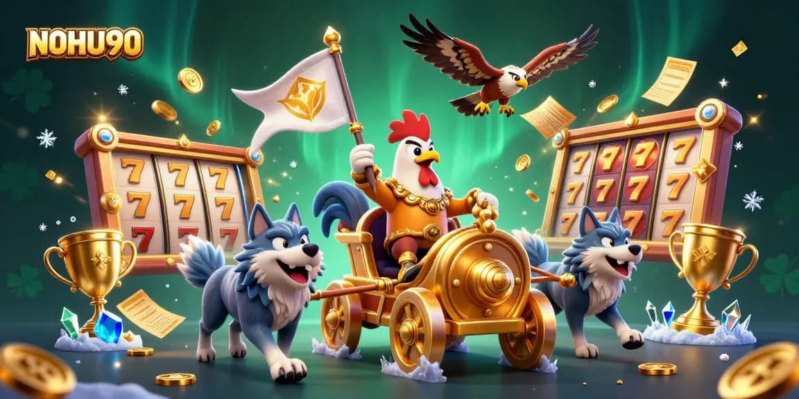 Experience the thrill of slots with NOHU90 in this vibrant, action-packed casino scene.