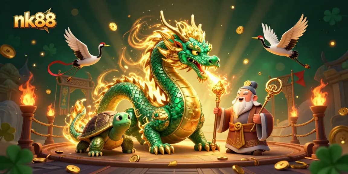 Engage in thrilling action with nk88's vibrant casino experience, featuring a jade dragon and sage.