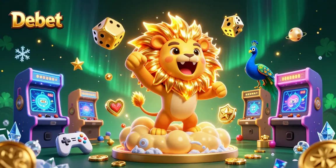 Engage with Debet's vibrant 3D gaming universe, showcasing roaring lion, dice, and arcade elements.