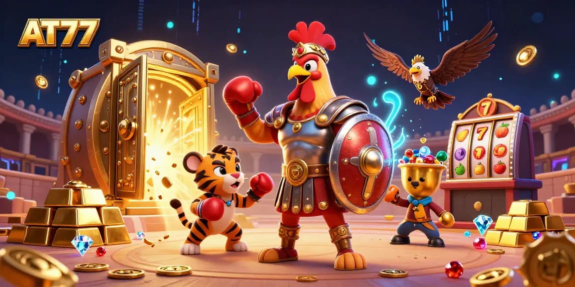 Experience the exhilarating slot action at AT77 with 3D gladiatorial characters and vibrant casino elements.