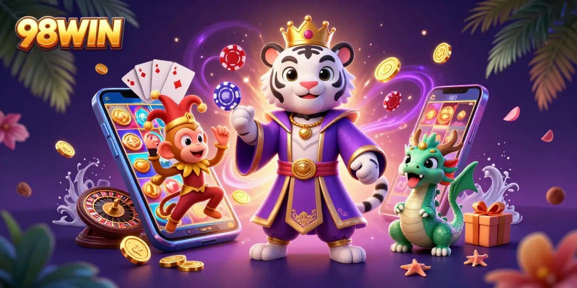 Experience excitement with 98WIN as a tiger and monkey embrace casino delights.