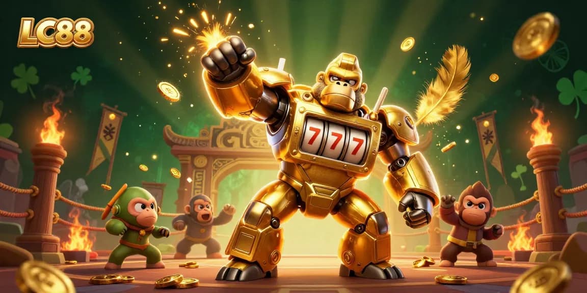 Experience thrilling gambling action at LC88 with a dynamic golden gorilla mech surrounded by vibrant casino elements.