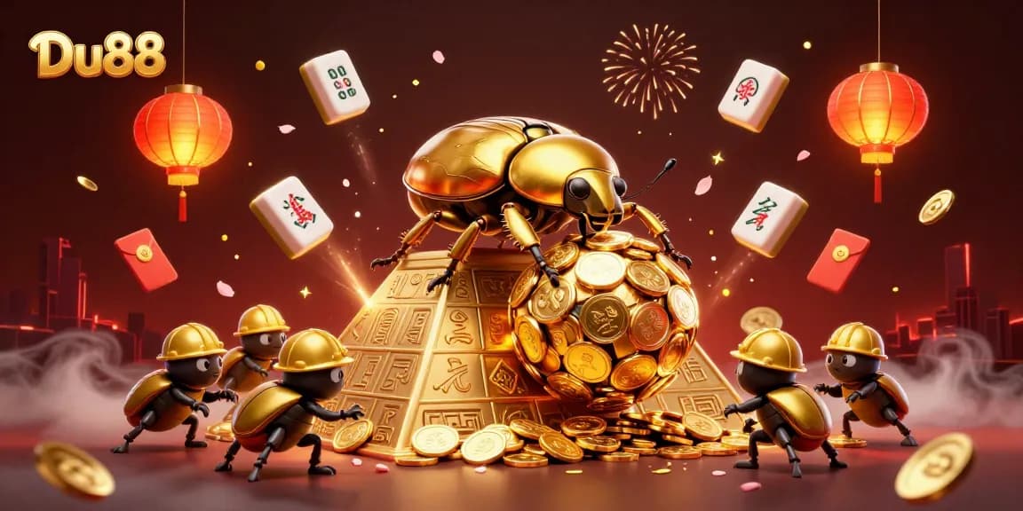 Join the excitement of Du88 with a golden beetle scene filled with casino symbols and riches.