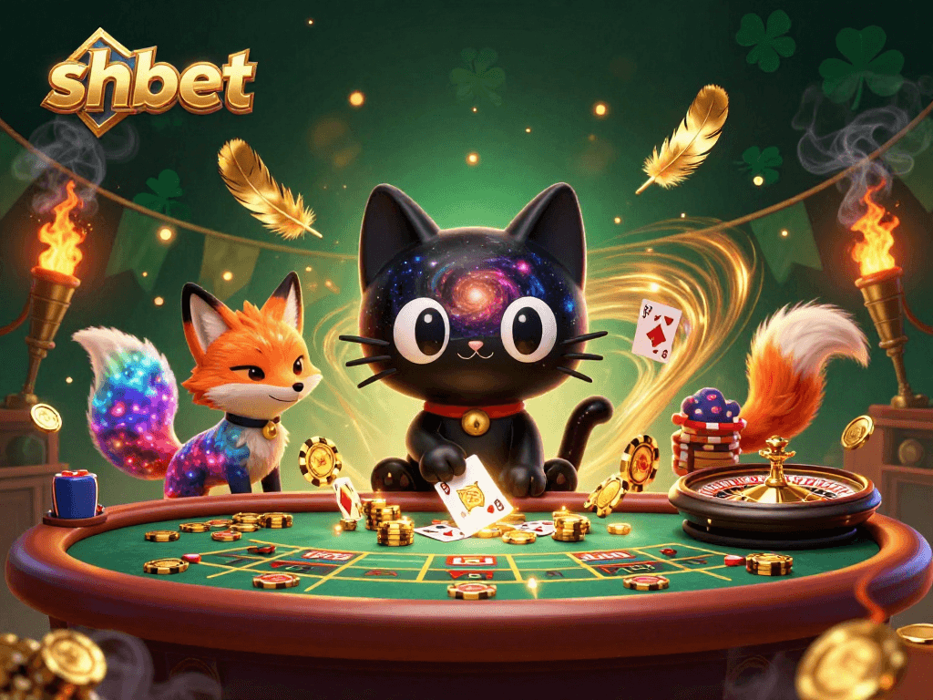 Experience the thrill of betting with shbet's cosmic illustration of a black hole cat at a live casino table.