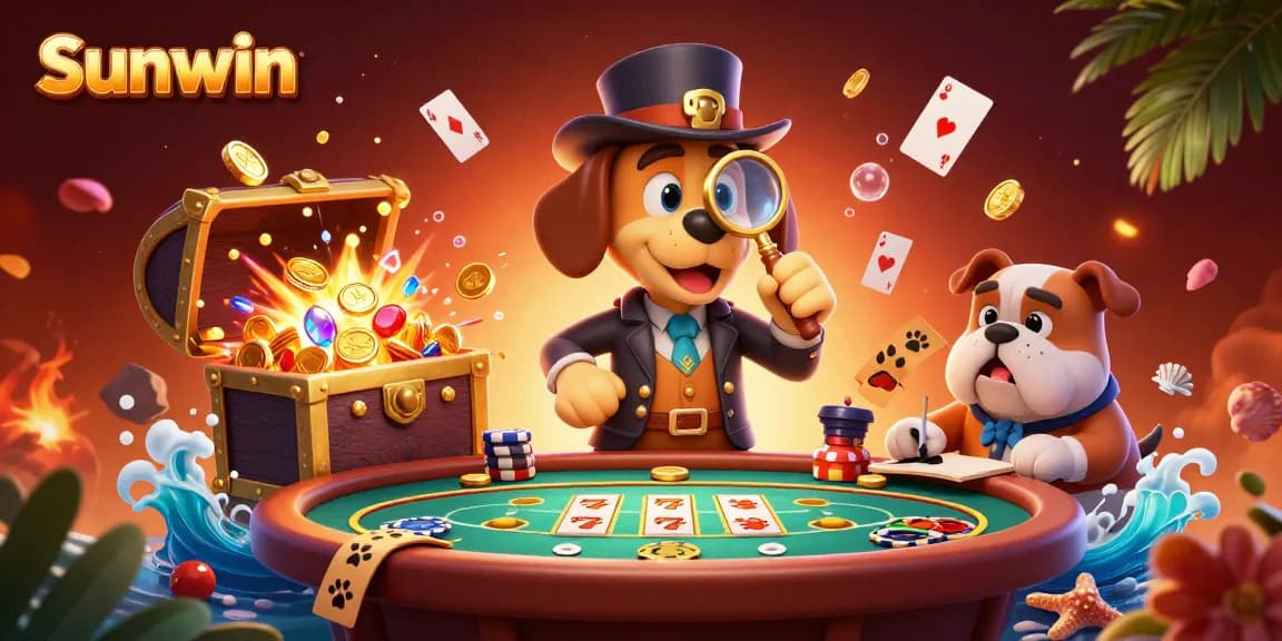 Sunwin casino-style illustration showcasing a detective bloodhound investigating poker clues amid colorful gaming elements.