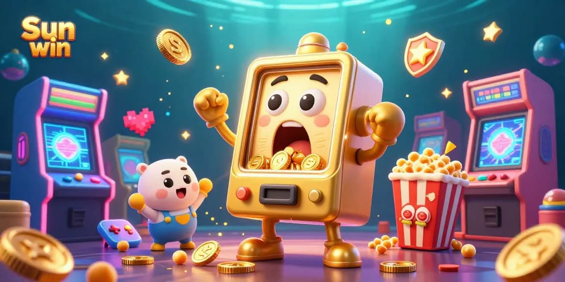 Experience the excitement of Sun win with our animated 3D jackpot scene featuring golden slot machines and vibrant gaming elements.