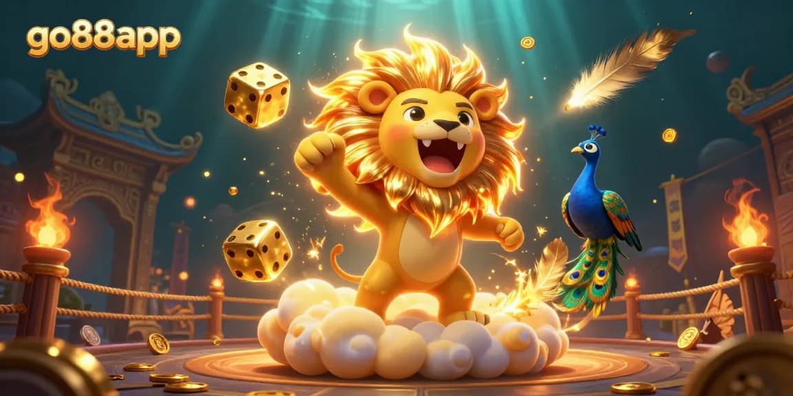 Play exciting games at go88app with a vibrant sun lion and golden dice in a stunning casino scene.