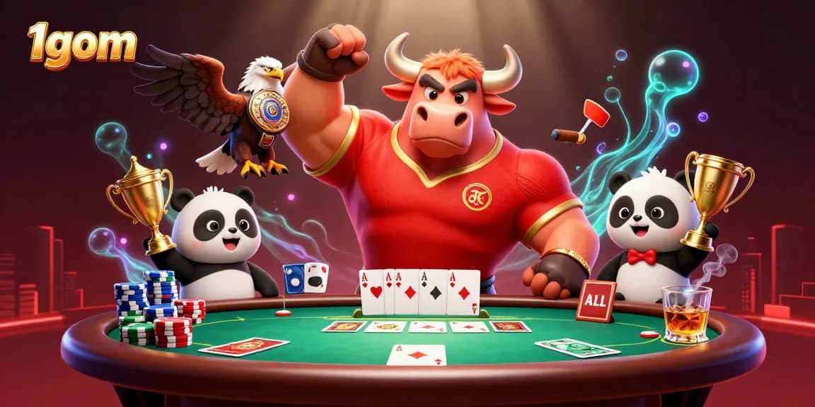 1gom showcases a victorious bull mascot with an eagle and panda in a colorful poker scene.