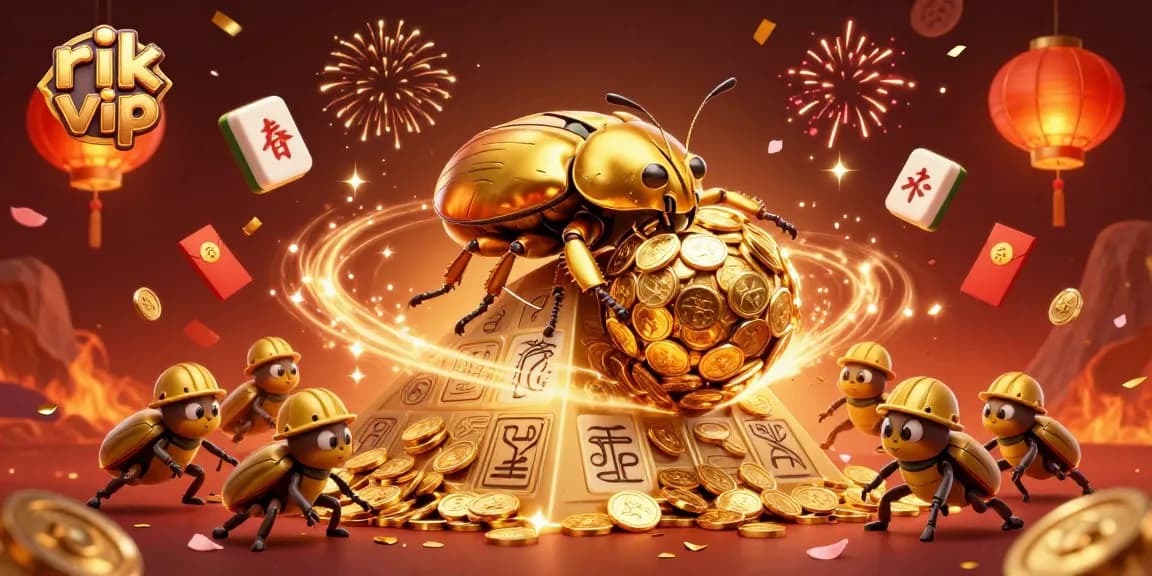 Engage with rik vip in this vibrant, detailed illustration of a golden dung beetle in a casino-themed scene.