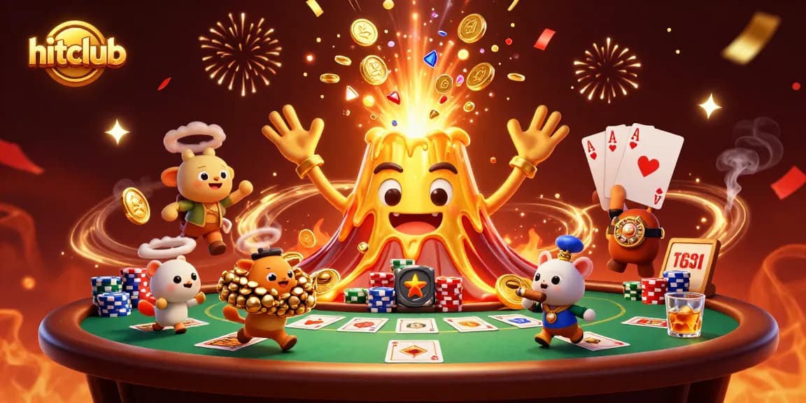 Experience hitclub's thrilling gaming with a golden volcano showering coins while treasures flee.