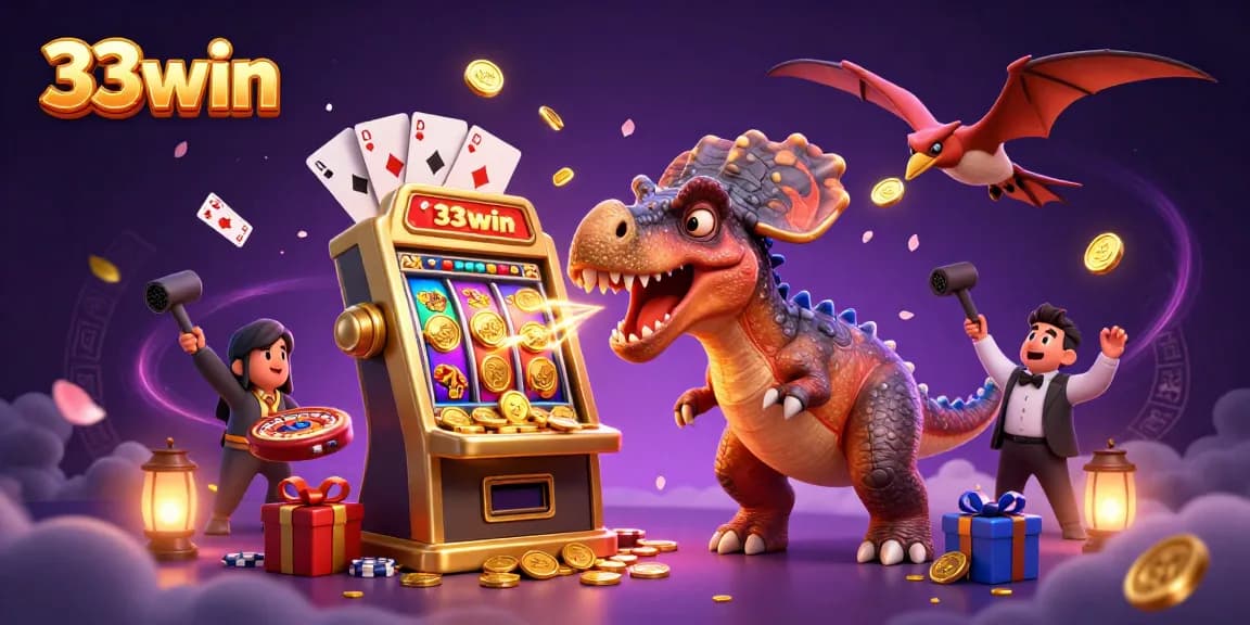 Experience the excitement of 33win as a pachycephalosaurus triggers a golden slot machine, showering cash rewards.