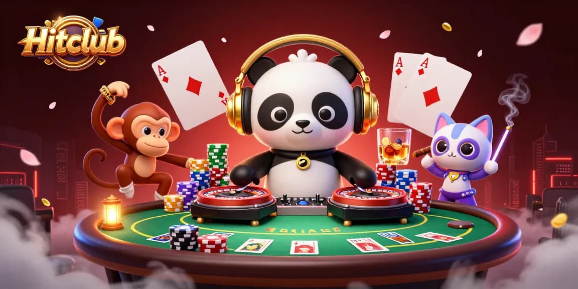 Engage in the vibrant world of Hitclub with a DJ panda, breakdancing monkey, and a glowing kitten among casino elements.