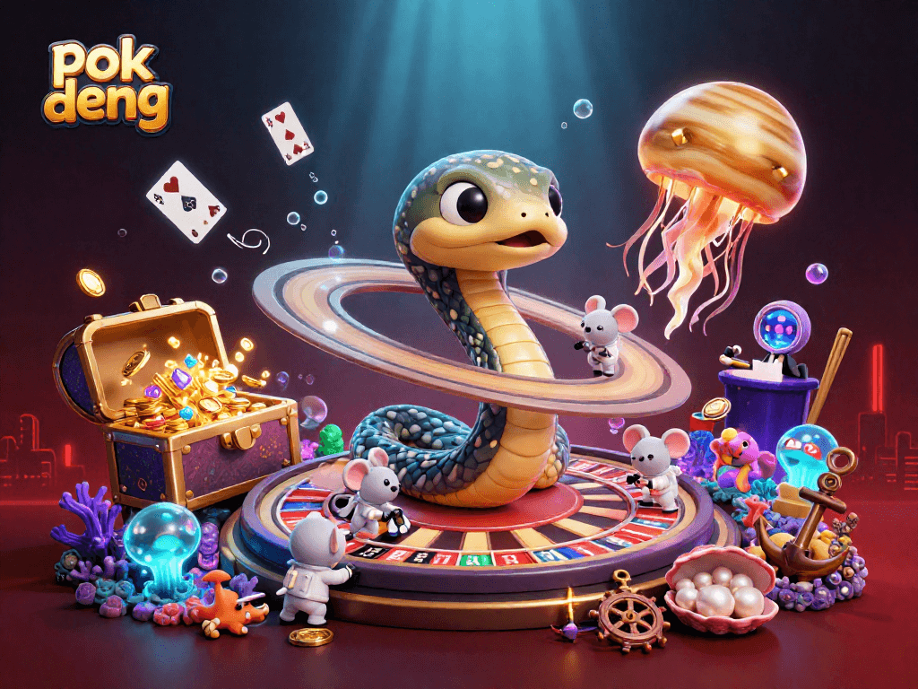 Experience the thrill of pok deng with cartoon characters betting in a vivid cosmic casino scene.