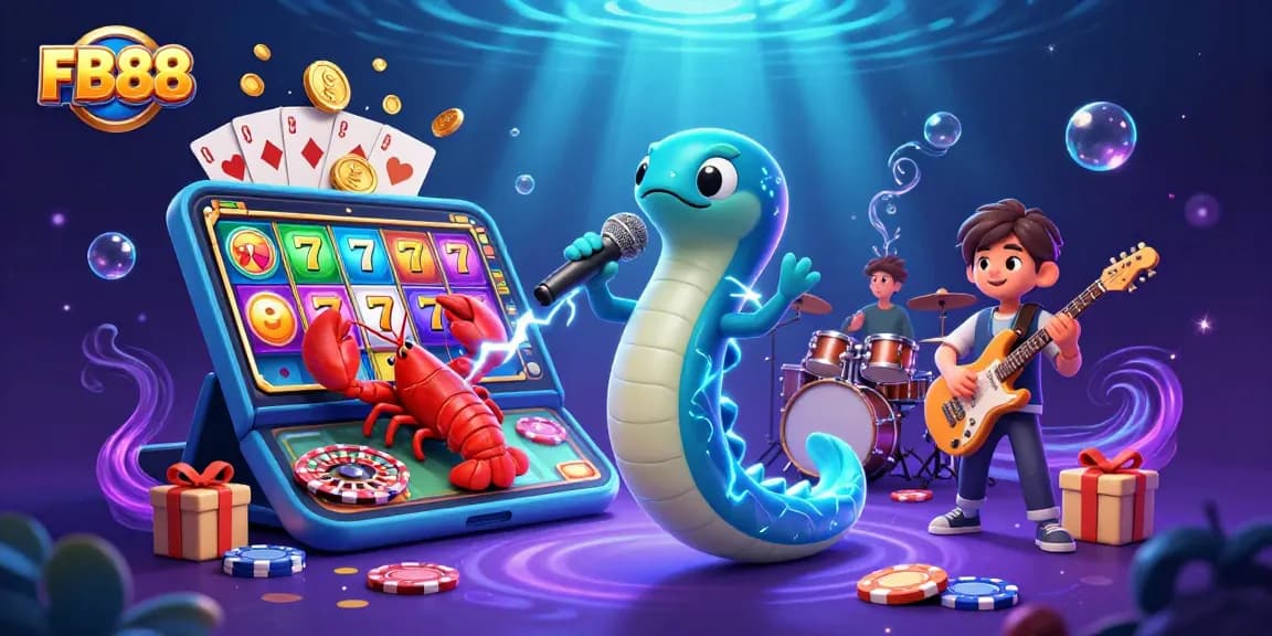 Experience the thrill of FB88 with a vibrant underwater casino featuring a DJ eel, lobster drummer, and seahorse guitarist.