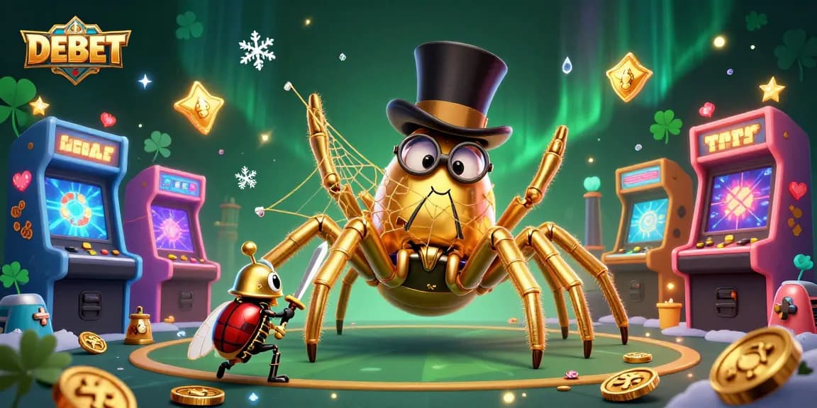Experience the excitement of DEBET in this dynamic casino-themed illustration full of vibrant gaming elements.