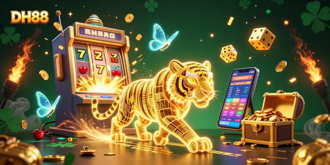 Experience thrilling wins with DH88 in a vibrant digital casino scene featuring a golden tiger and exploding jackpots.