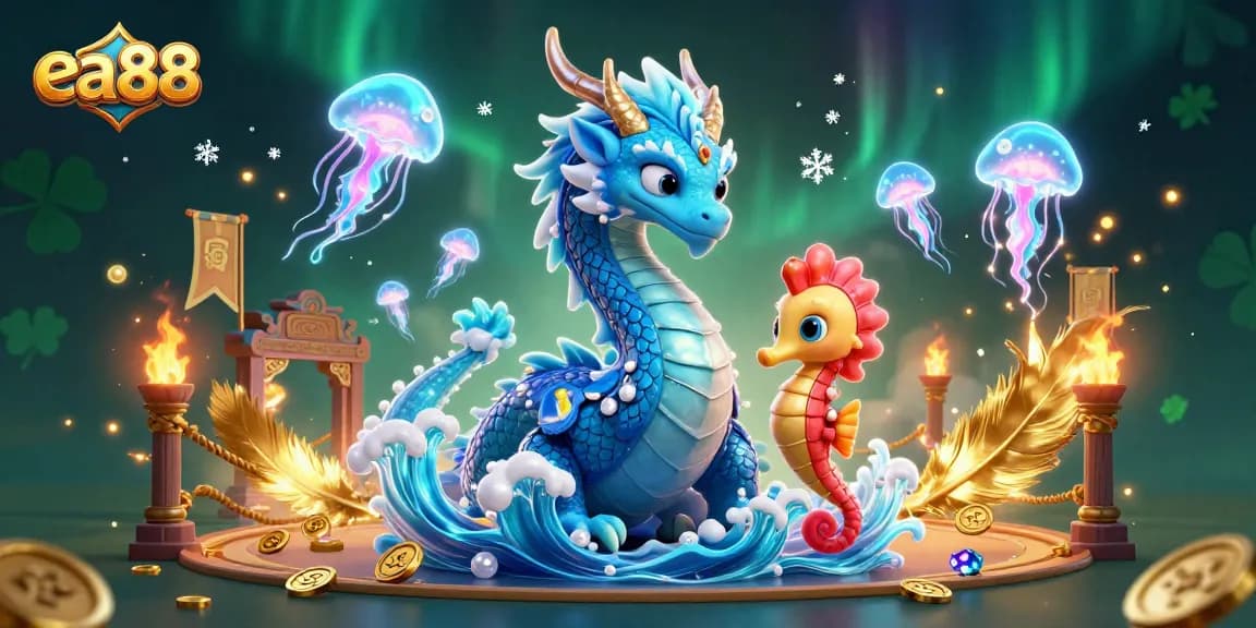 ea88 dragon knight battling in vibrant underwater casino scene with glowing jellyfish.