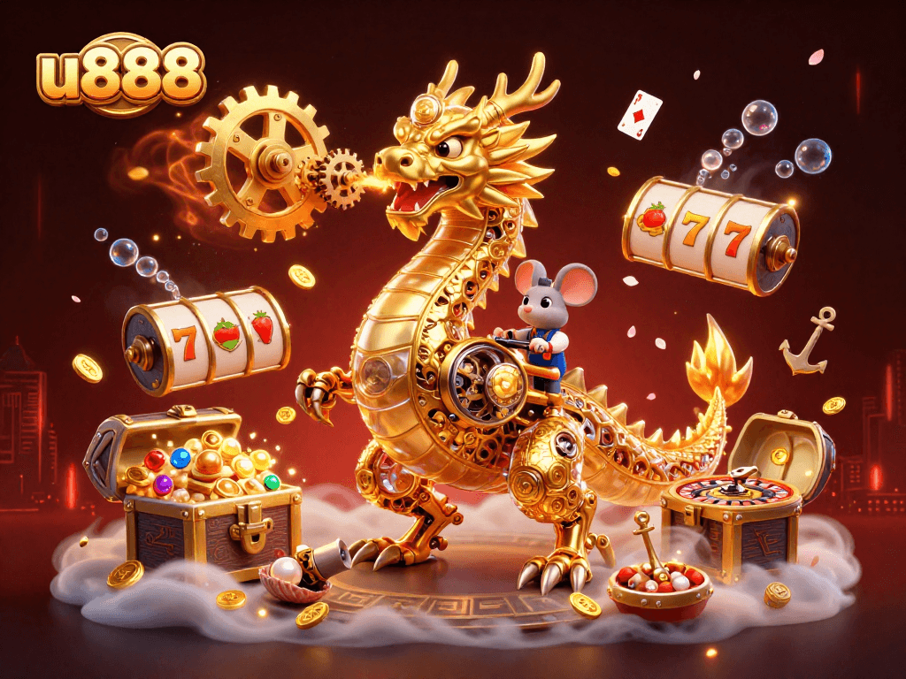 Play exciting games at u888 with a golden dragon guarding treasures and casino elements.