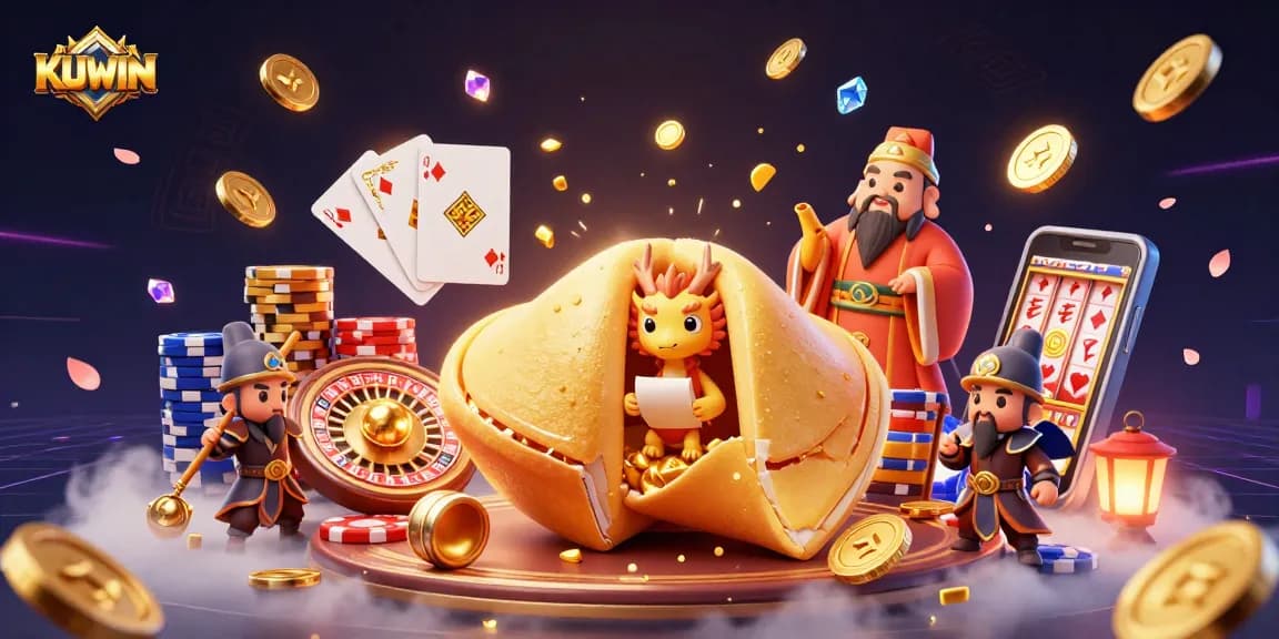 Experience excitement at KUWIN with a vibrant 3D casino scene filled with dynamic gaming elements.