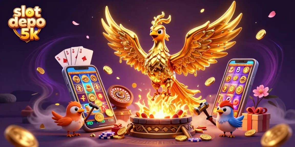 Engage with exciting slot depo 5k features as golden coins emerge from an animated phoenix.