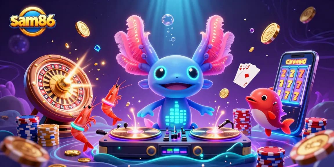 Experience the excitement of sam86 with a vibrant underwater scene featuring a DJ axolotl and captivating gameplay elements.