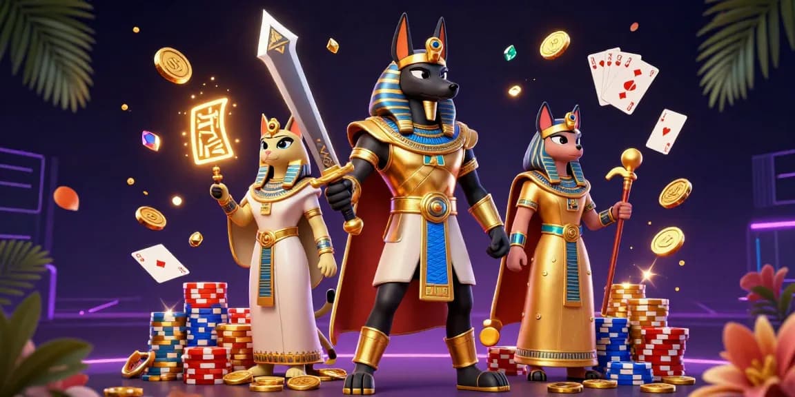 SUNWIN elevates gaming experience with Anubis and Bastet surrounded by sparkling gems and coins.