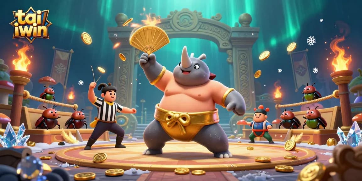 Engage with tai iwin as a rhinoceros beetle champion triumphs in a vibrant casino scene.