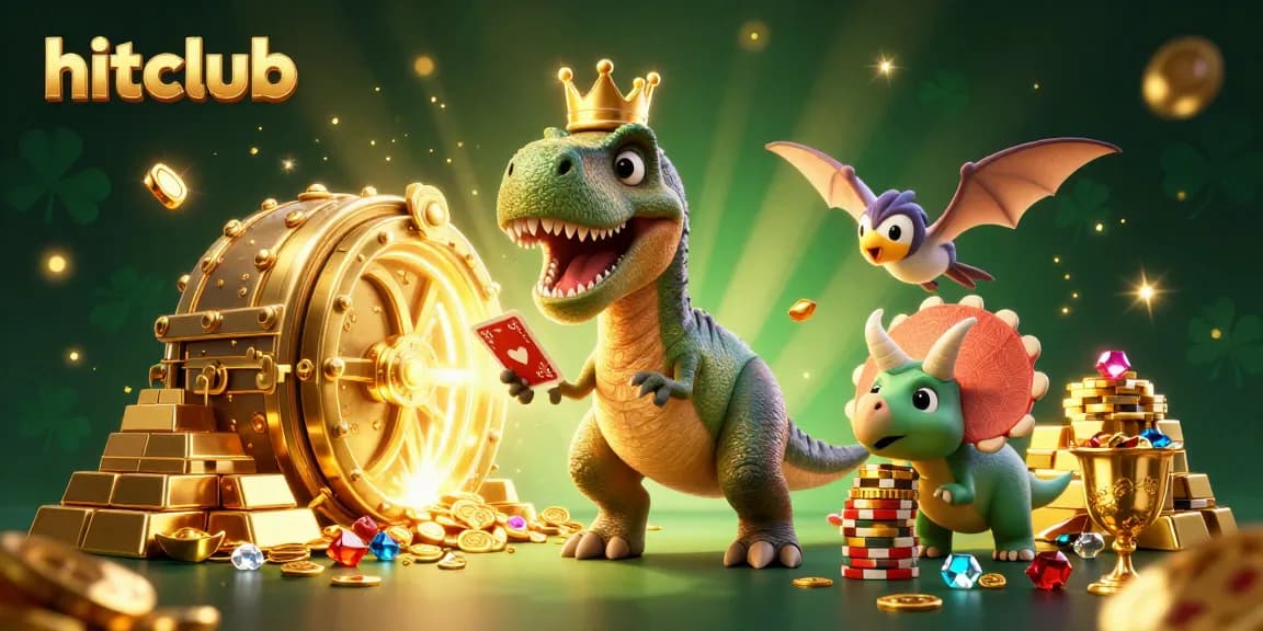 Hitclub players enjoy card games with vibrant characters and overflowing treasures in a dynamic casino scene.