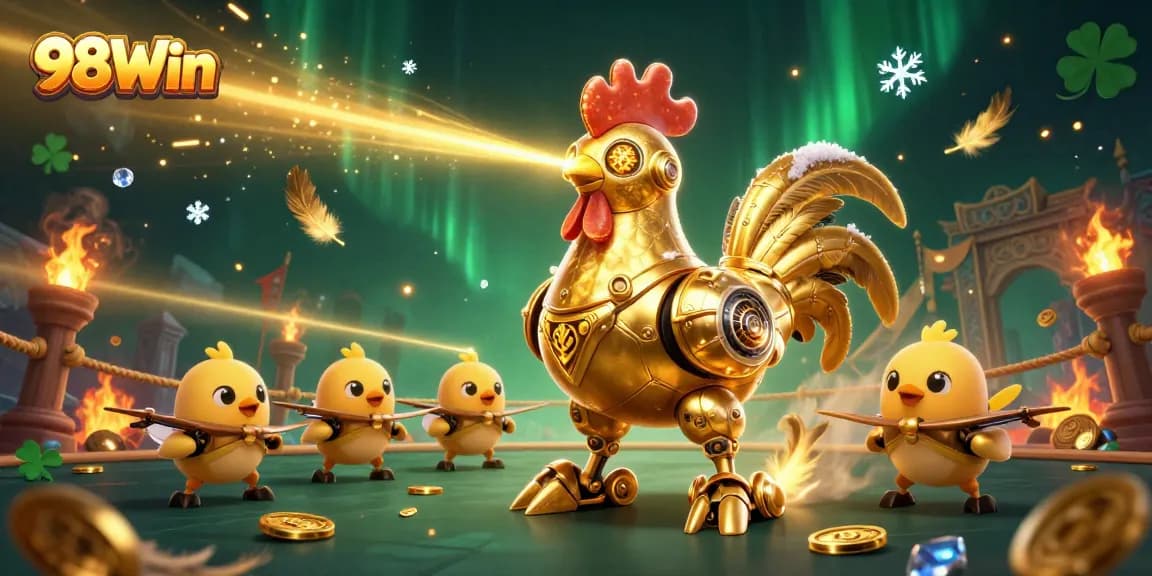 Engage with vibrant 98Win casino action featuring a golden rooster robot amidst thrilling gaming elements.