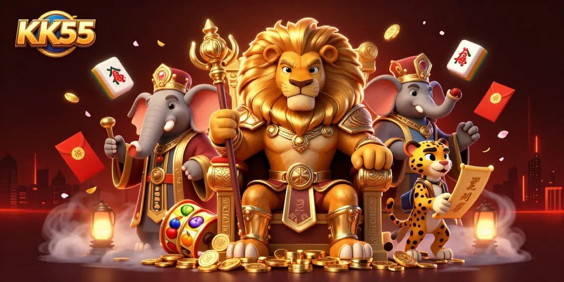 KK55 unlocks big wins with a fierce lion king and treasures in this dynamic casino scene.