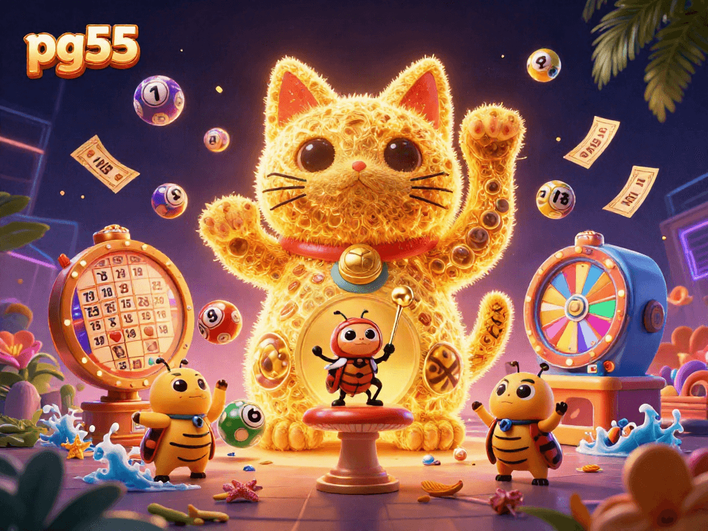 Engage with pg55's casino excitement, featuring a vibrant lucky cat and lottery balls.
