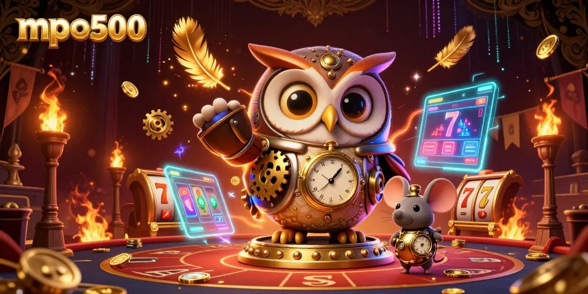 Experience the thrill of mpo500 with a vibrant 3D casino illustration featuring dynamic slot elements and a whimsical time-traveler theme.