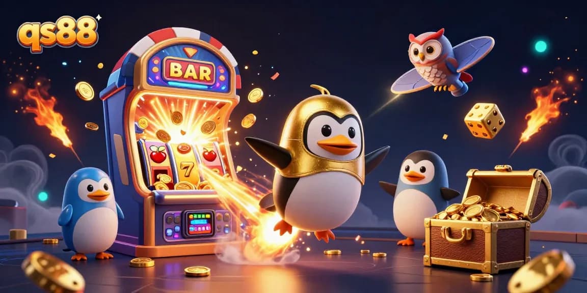 Experience excitement at qs88 with a golden penguin and vibrant casino elements in action.