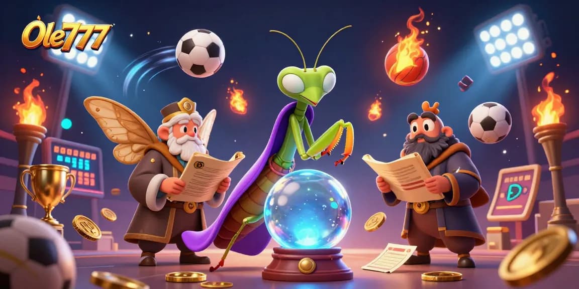 Experience thrilling gameplay at Ole777 with a captivating 3D illustration of fortune tellers and sports betting elements.