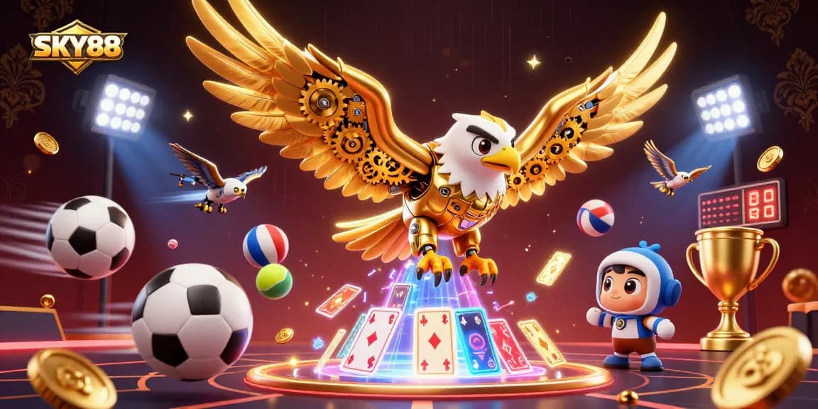 SKY88 immerses players in thrilling betting action with a stunning 3D eagle and dynamic sports elements.