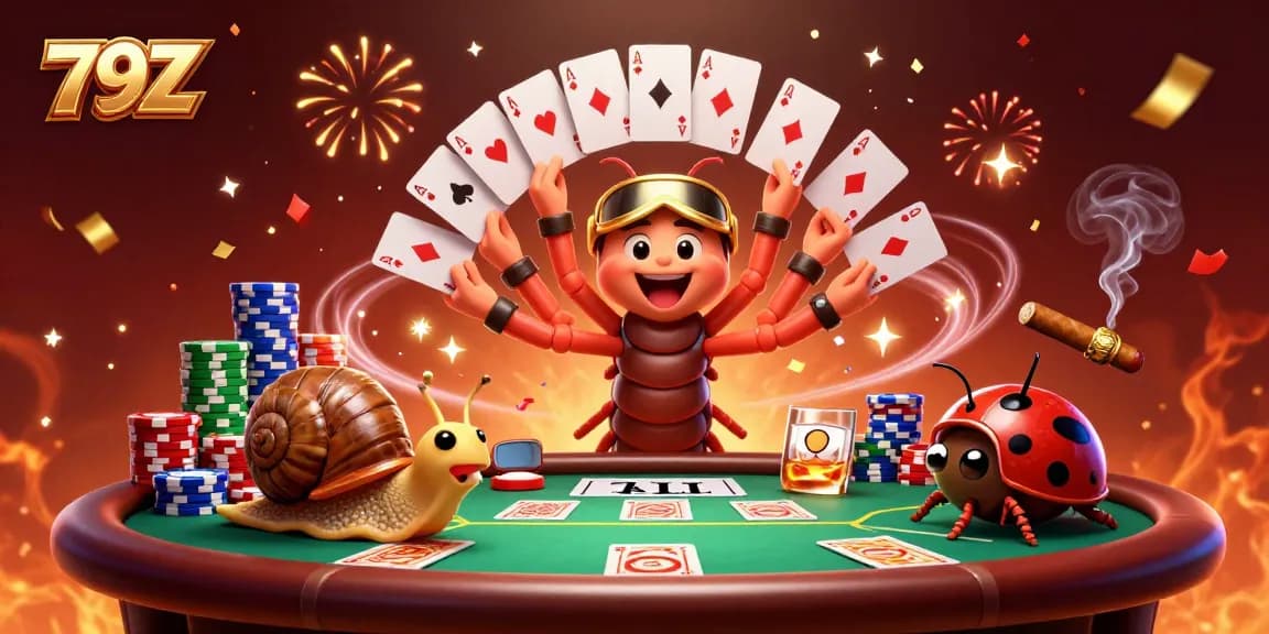 79Z casino scene with a millipede dealer and colorful poker chips creating excitement.