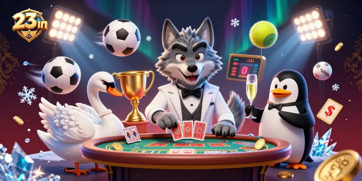 Join the excitement at 23win with elegant characters showcasing a vibrant casino scene featuring cards, champagne, and sports.