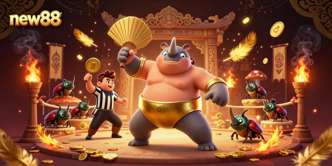 Engage in thrilling betting with new88 featuring a captivating beetle champion amidst flying coins.
