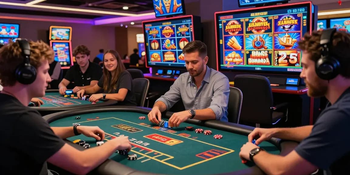 Exciting players engaging at credit card casino sites, colorful games, and stylish setup.