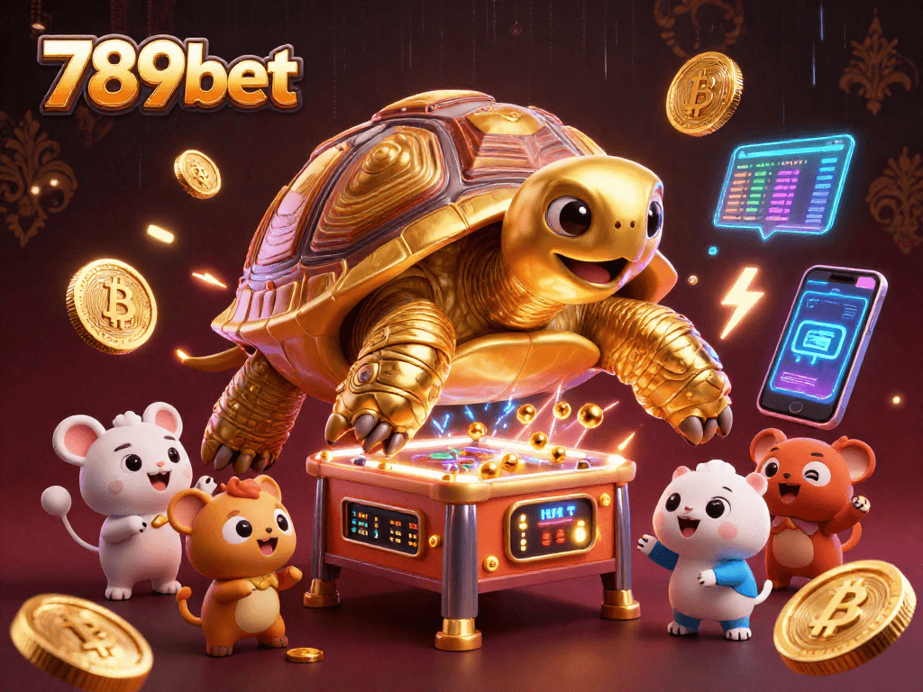 Engage with the colossal golden tortoise at 789bet's vibrant gaming scene full of crypto elements.