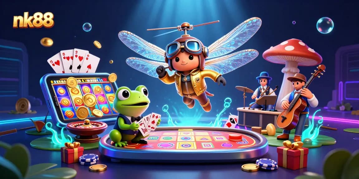 Experience nk88 with vibrant casino-themed characters and a lively gaming atmosphere