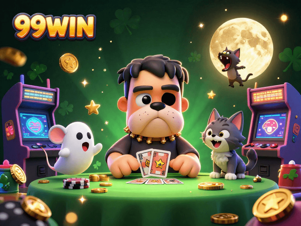 Experience thrilling gameplay with 99WIN's dynamic casino characters in a vibrant 3D illustration.