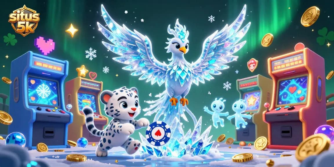 Experience the excitement of situs 5k with a vibrant 3D scene of a phoenix and playful characters enjoying casino games.