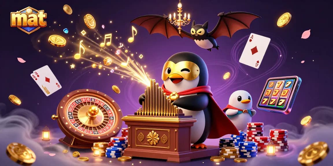 Experience excitement at mat with a lively casino scene of a penguin playing and coins cascading.