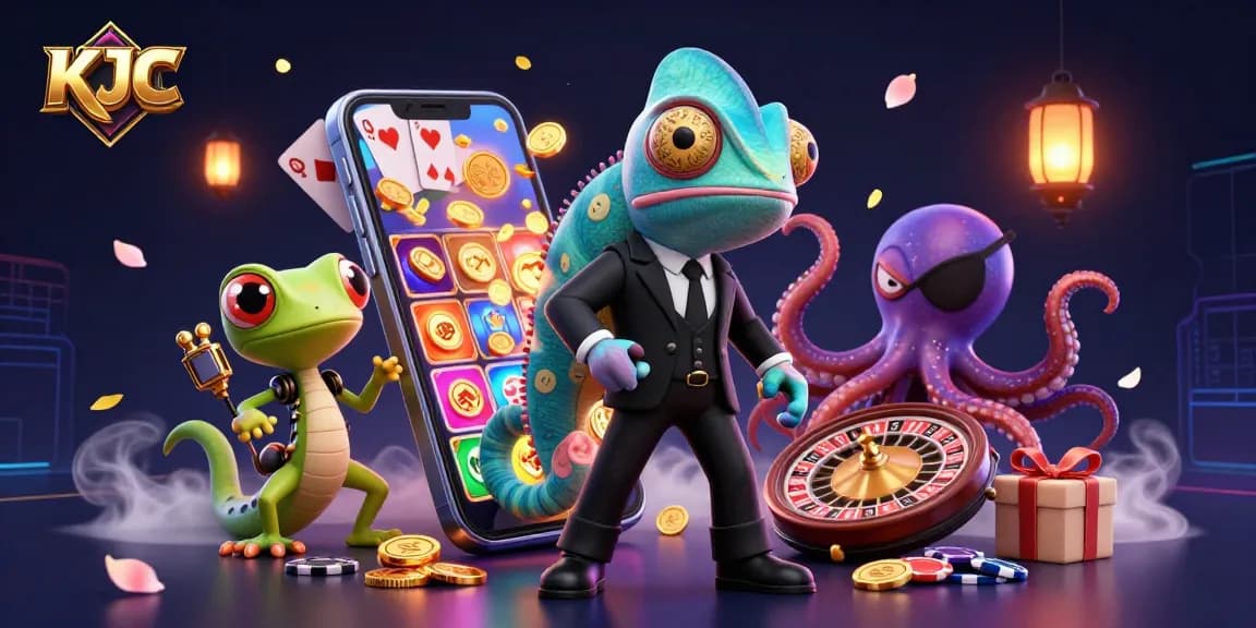 KJC showcases a vibrant online casino scene with a colorful slot game, dynamic characters, and rich details.